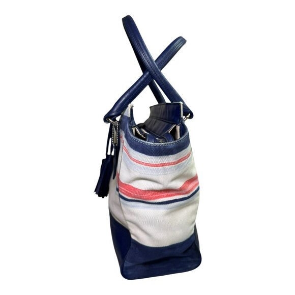 Coach Stripe Canvas & Navy Leather Satchel Tote – Tassel Bag Zip Pocket – Large - Picture 5 of 13